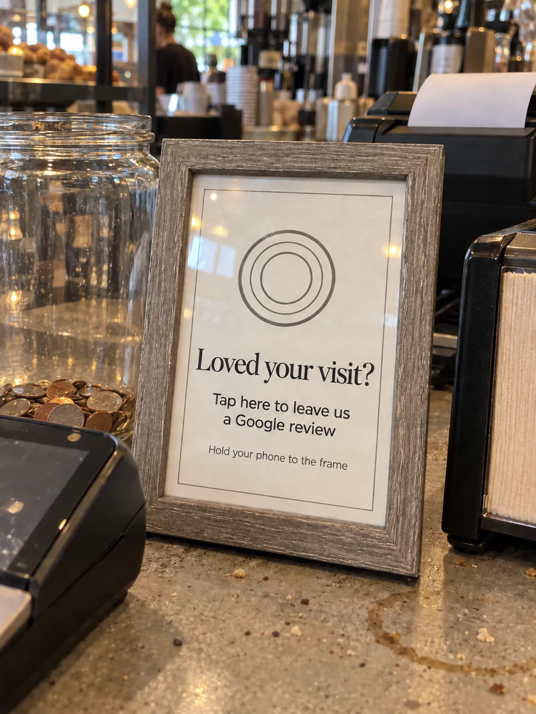 The TapIt Frame on a café counter between the tip jar and the card reader