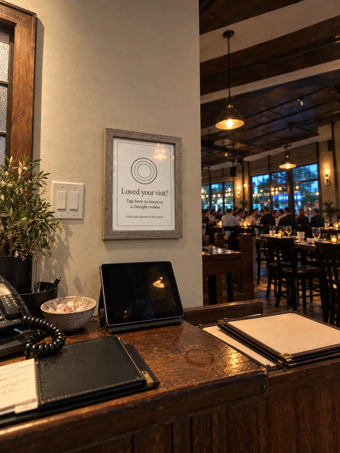 The 8×10 TapIt Frame hung on the wall behind a restaurant host stand